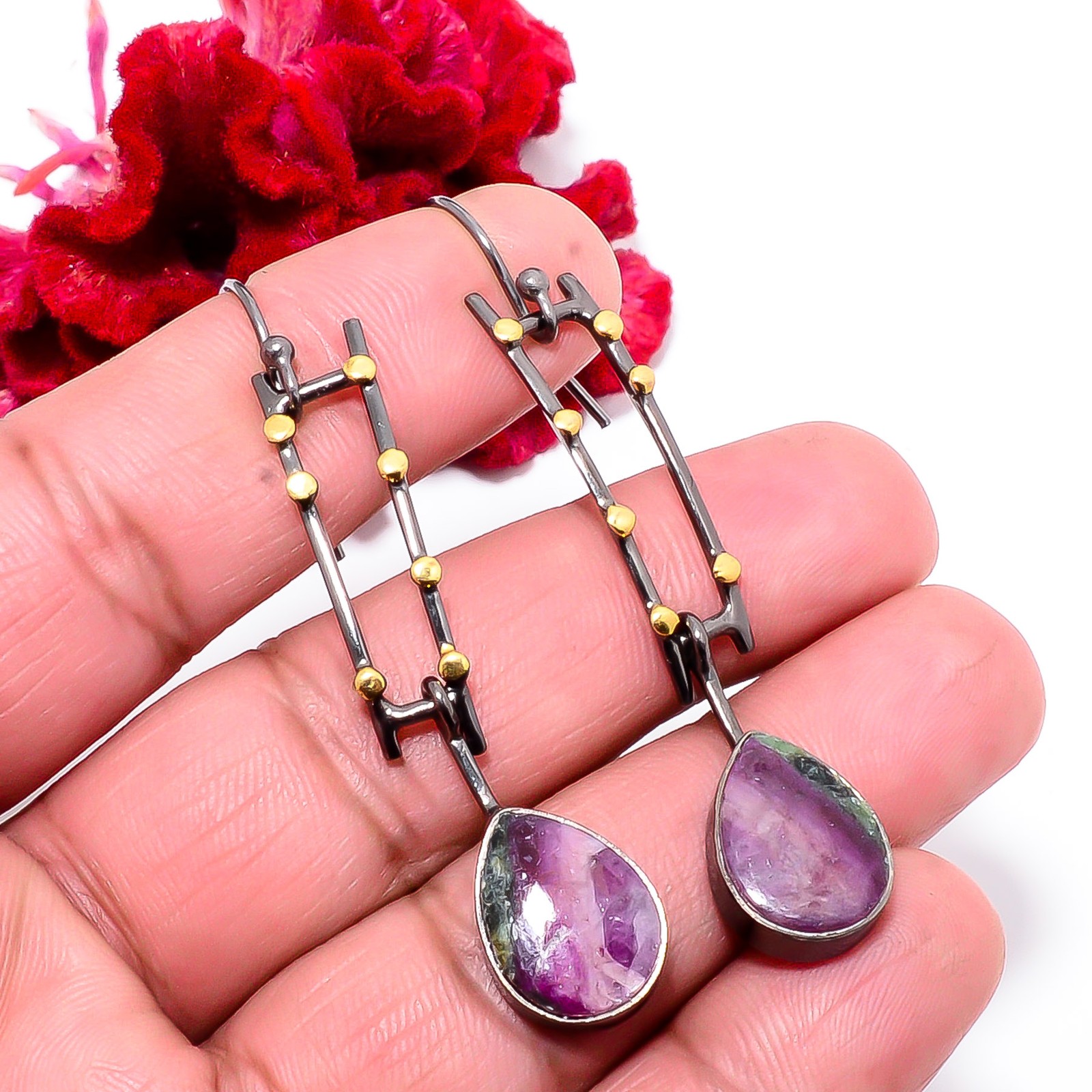 Ruby With Zoisite 925 Sterling Silver Gold Rhodium Earring 2.42 Sk15, Christmas