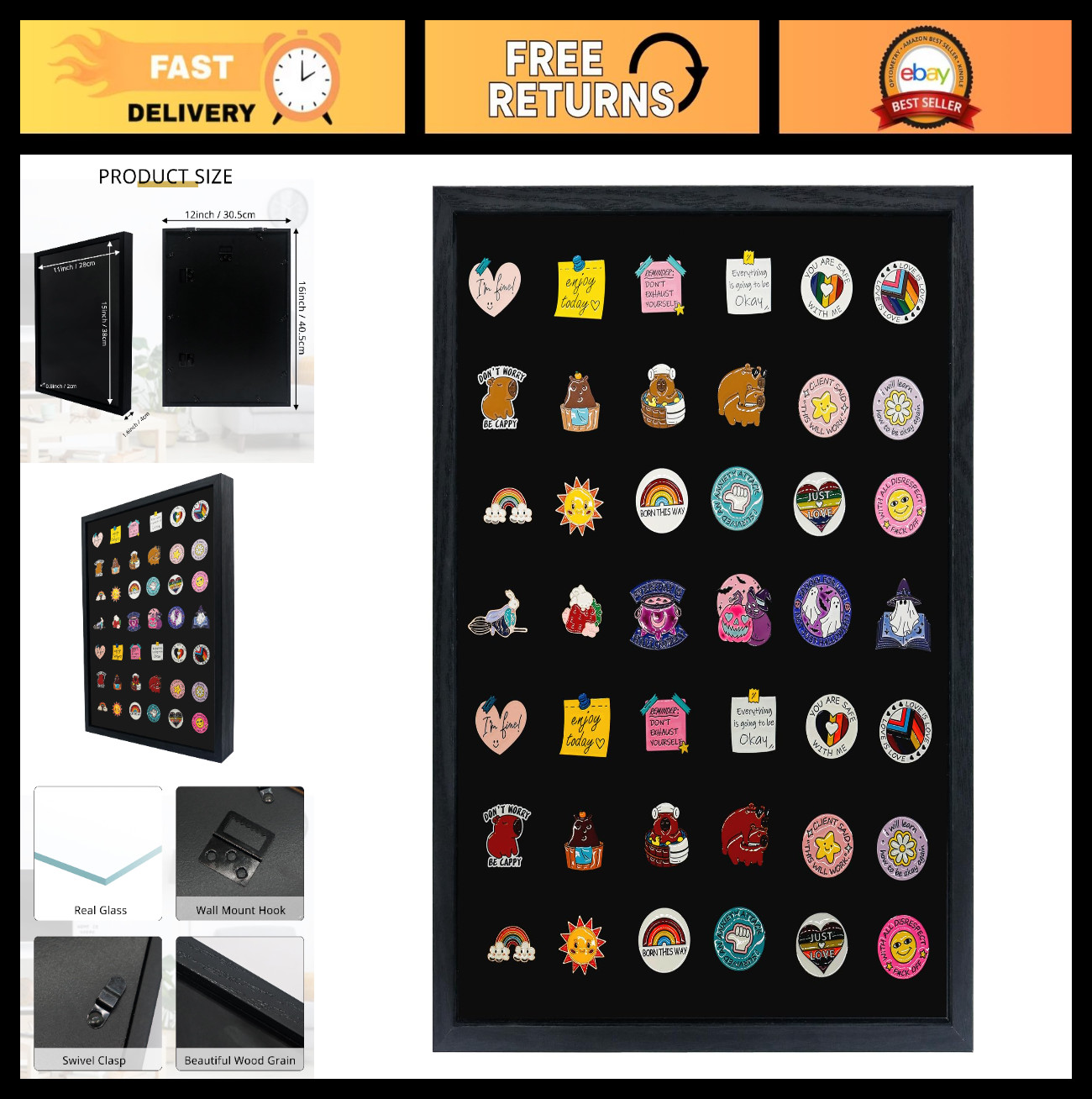 12×16 Enamel Pin Display Case – Shadow Box Frame with Glass for Wall/Tabletop