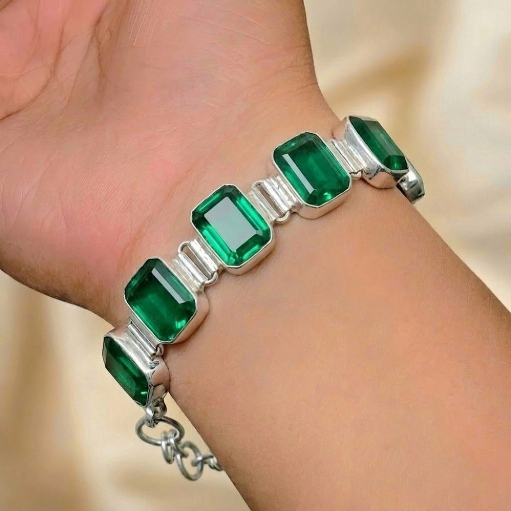 Emerald Lab Created Gemstone Bracelet 925 Sterling Silver Jewelry Bracelet