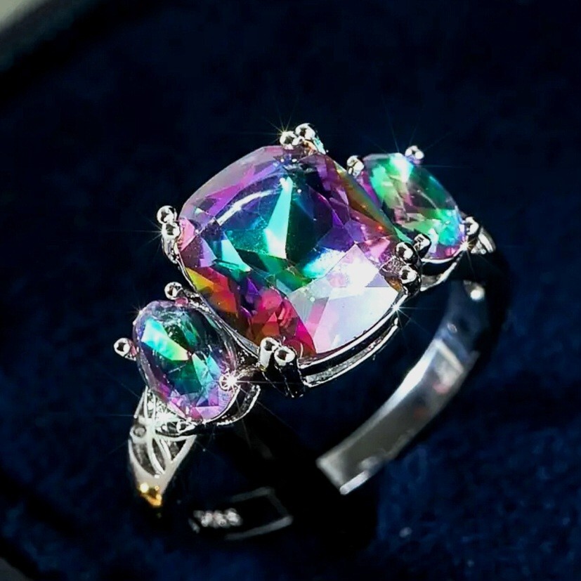 925 Sterling Silver Rainbow Mystical Fire Topaz Wedding Engagement Ring Size 9