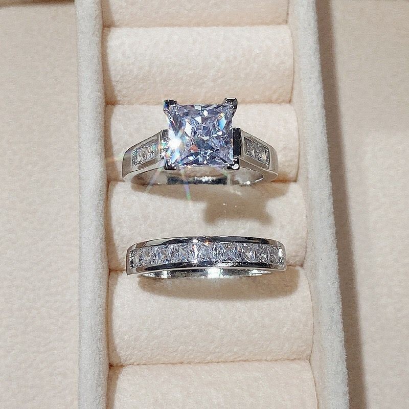 1 SET 2PCS White Gold Plated Sparkle CZ Band Ring Wedding Engagement Couple Ring