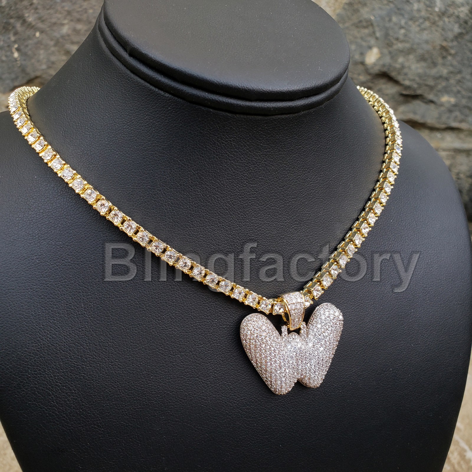Hip Hop Iced Brass Bubble Letter W Pendant & 18″ 1 Row Tennis Choker Chain Set