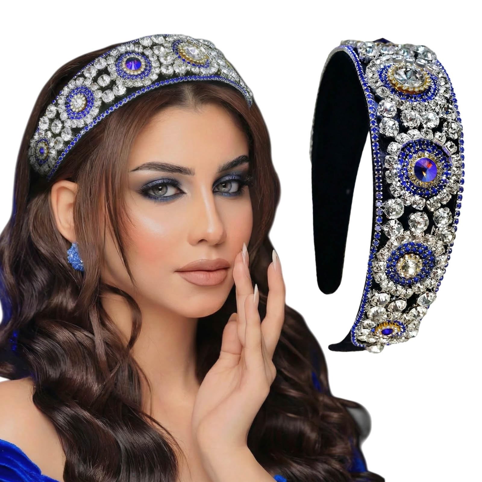 HNYYX Blue Rhinestone Baroque Headband Vintage 1 Count (Pack of 1),