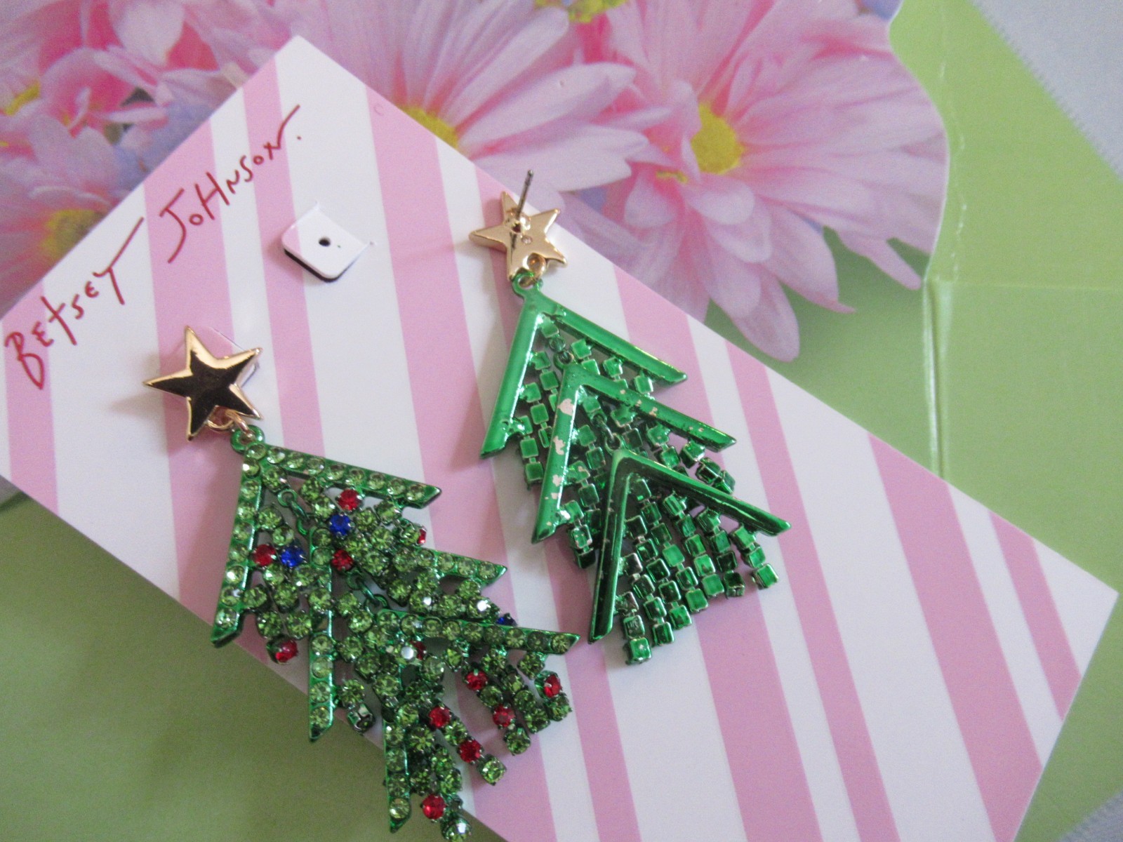 BETSEY JOHNSON Crystal Embellished Christmas Tree Drop Earrings Holiday NWT $78