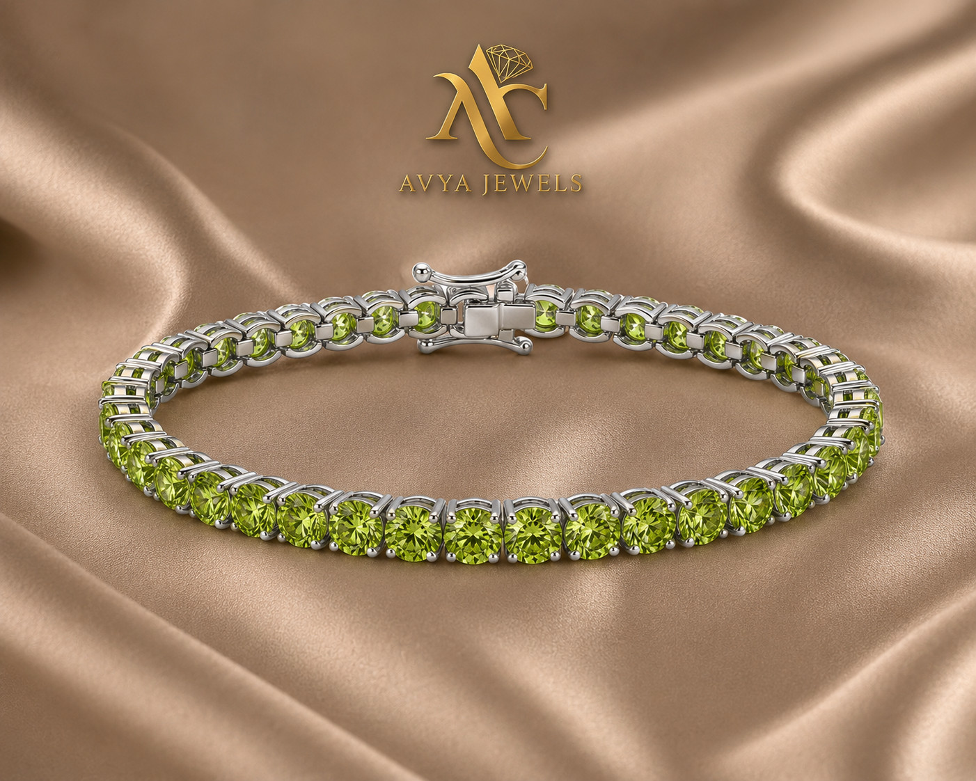 5 MM Round Lab Creted Peridot Tennis Bracelet 925 Silver 14k White Gold Plated