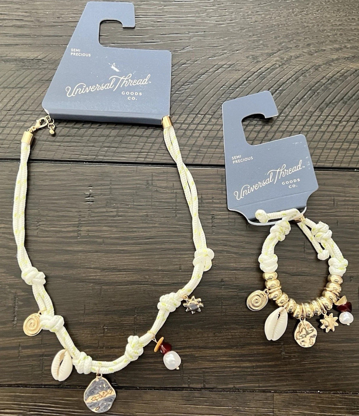 UNIVERSAL THREAD Semi Precious Beach Charm Gold Tone Cord Necklace Bracelet Set