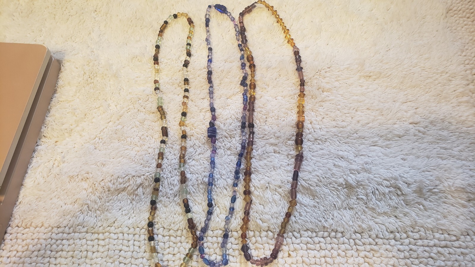 BEADED NECKLACES MULTICOLOR VARIOUS SHAPES SINGLE STRANDS ALL 13″, LOT OF 3