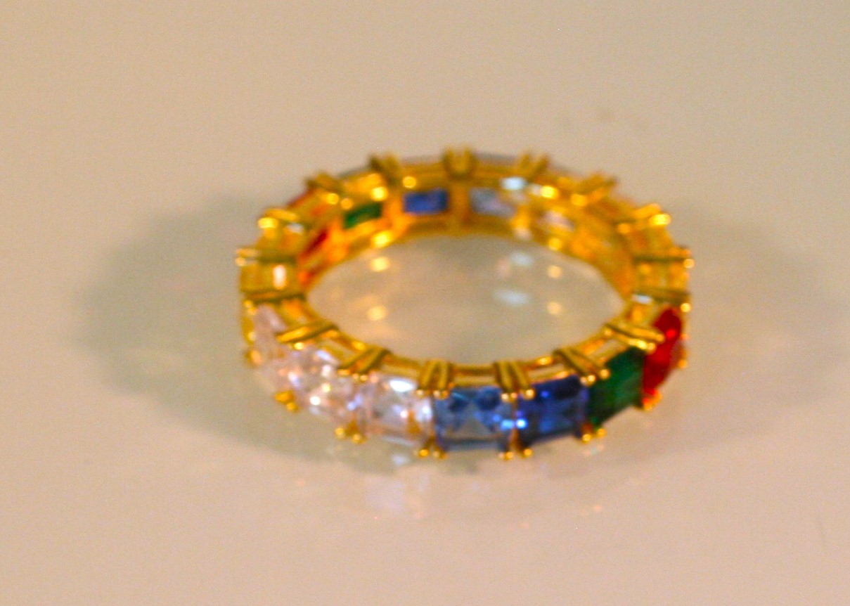 Gold plated multi color square Cubic Zirconia 4mm Band Ring Size 8