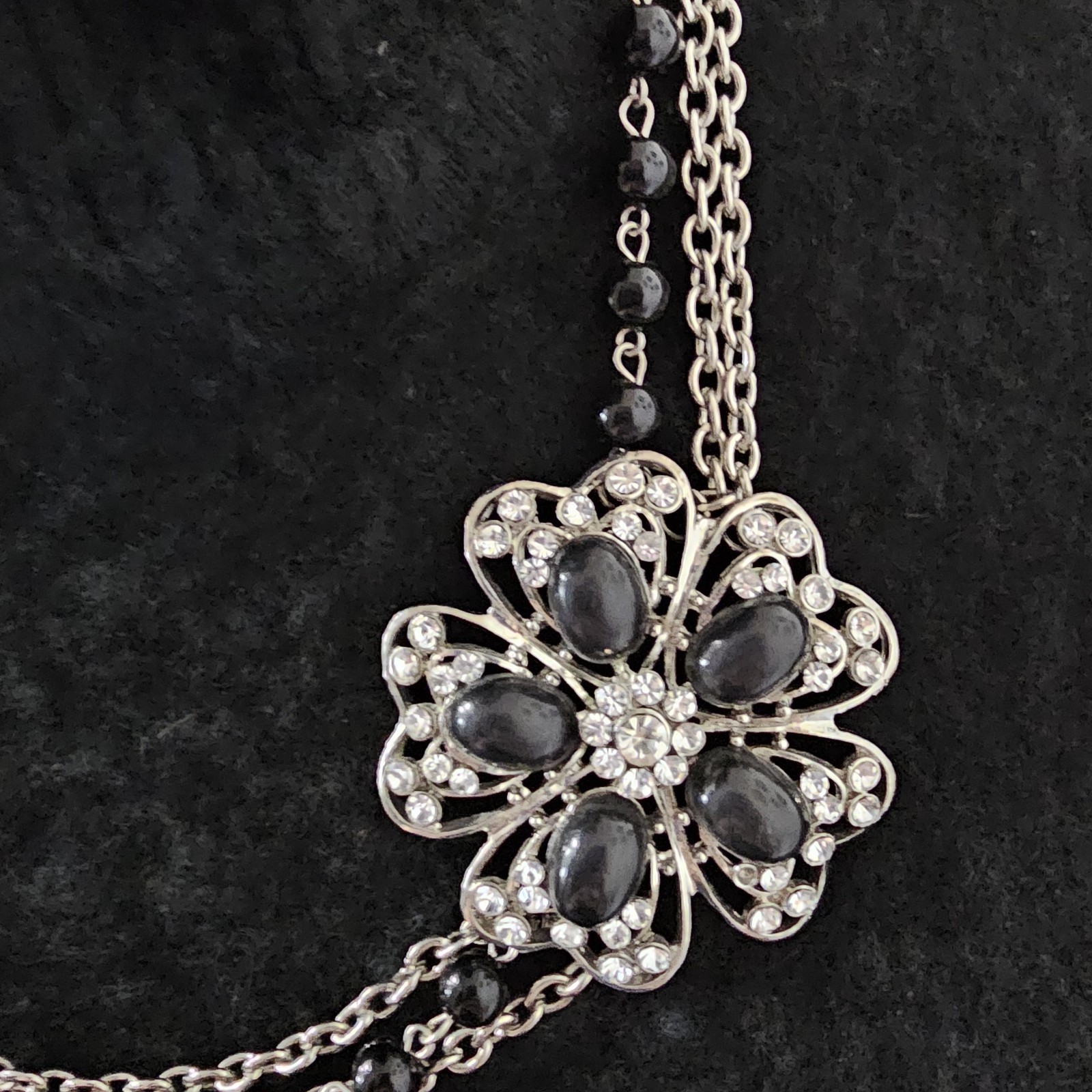 Silver Tone Black Flower Statement Necklace Layered Chain Floral Crystal Accent
