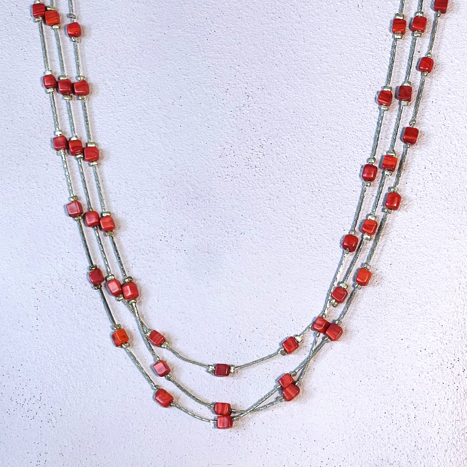 ZAD Beaded Multi Strand Red Stone Silver Tone 16″ Necklace 2.5″ Extension