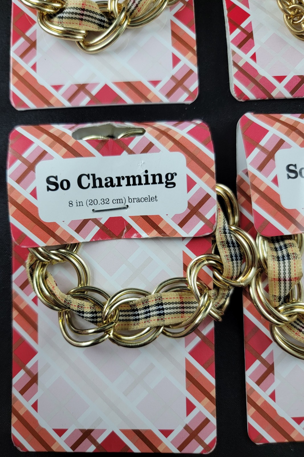 Vintage So Charming Bracelet Lot of 4 NOS Gold Tone Tartan Fabric Chain Loop