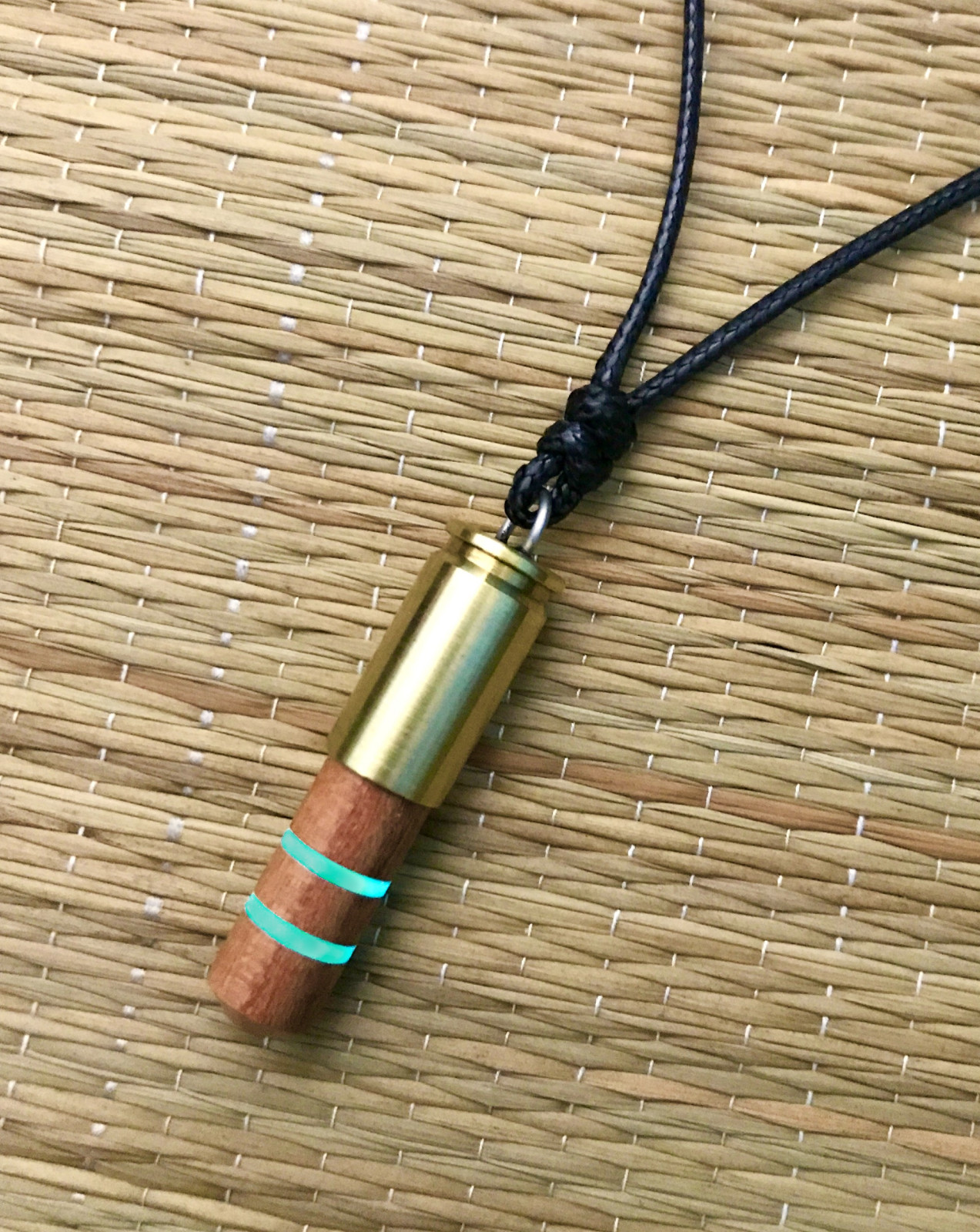 Bullet Necklace Brass and Wood Glow in the Dark Pendant