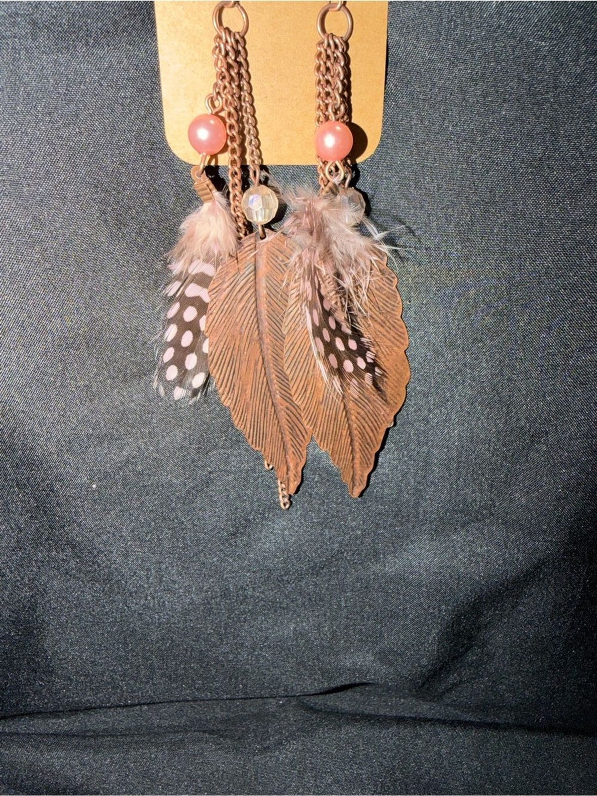 Source Unknown Rose Gold Feather Drop Earrings with Pink Beads