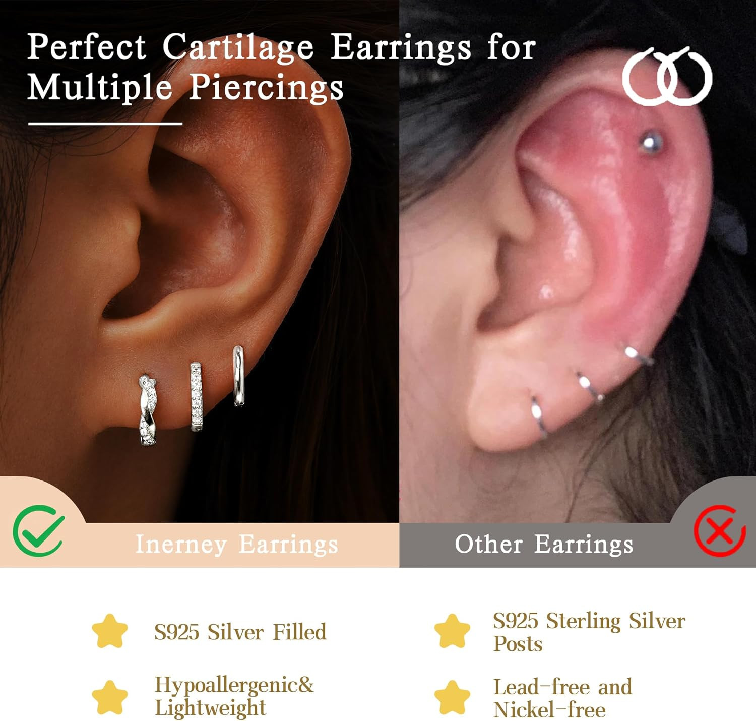 14K Gold Plated Huggie Hoop Earrings for Women, Small Sterling Silver Earring Se