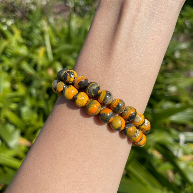 Natural Bumblebee Jasper Stone Bracelet Yellow Stone Stretch Bracelet Handmade