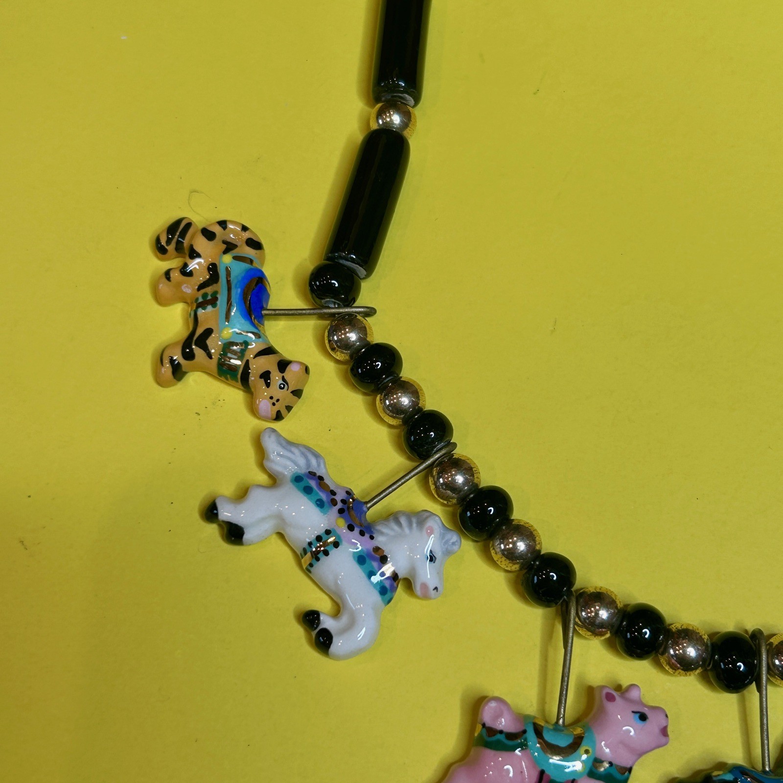 Vintage Ceramic “Flying Colors” Carousel Animals Necklace Horse Lion Zebra