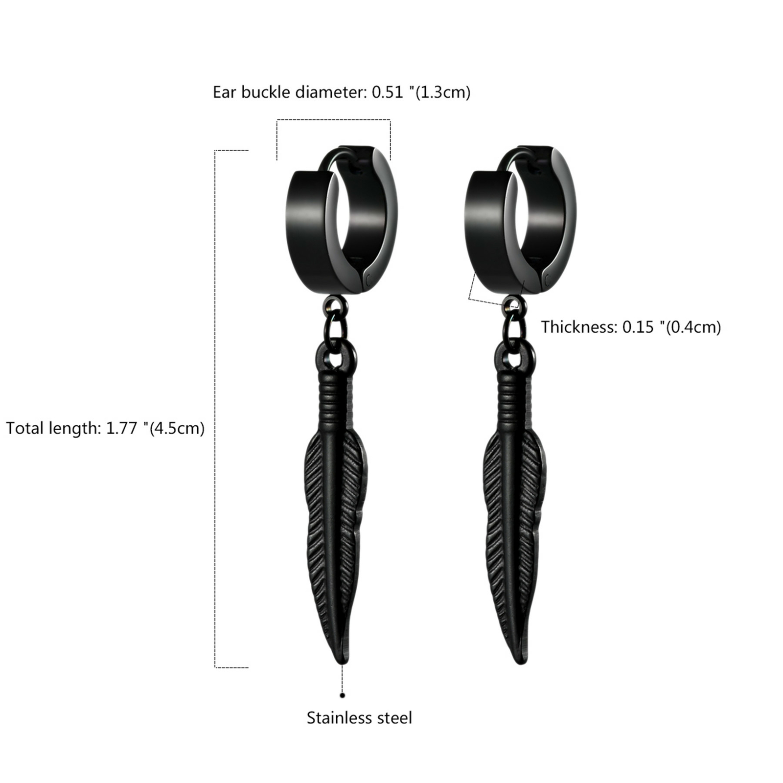 2pcs Drop Dangle Feather Earrings For Men Women Huggie Hinged Stainless Steel
