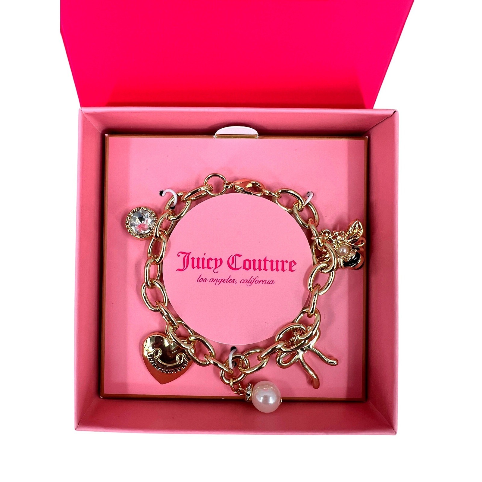 Juicy Couture Charm Bracelet Gold Tone Size 7.5 Heart Bow Bee Rhinestone NWT Box