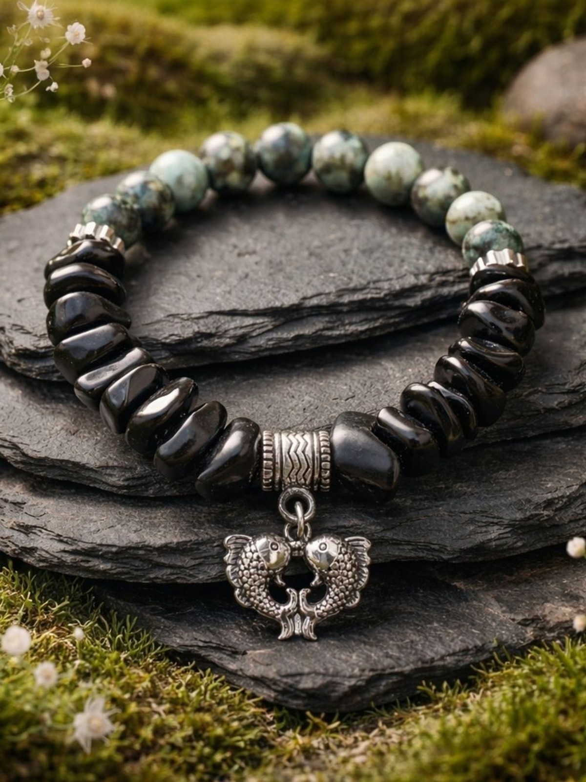 Handmade Black Turmaline and Green Azurite/Crysocolla Bracelet with Fish Charm
