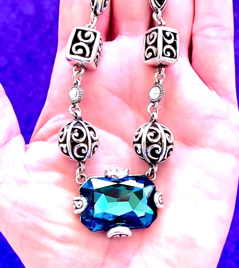 BRIGHTON CRYSTAL BALL MIDNIGHT BLUE SWAROVSKI CRYST SPHERE+CUBE SLV NECKLACE✨VTG
