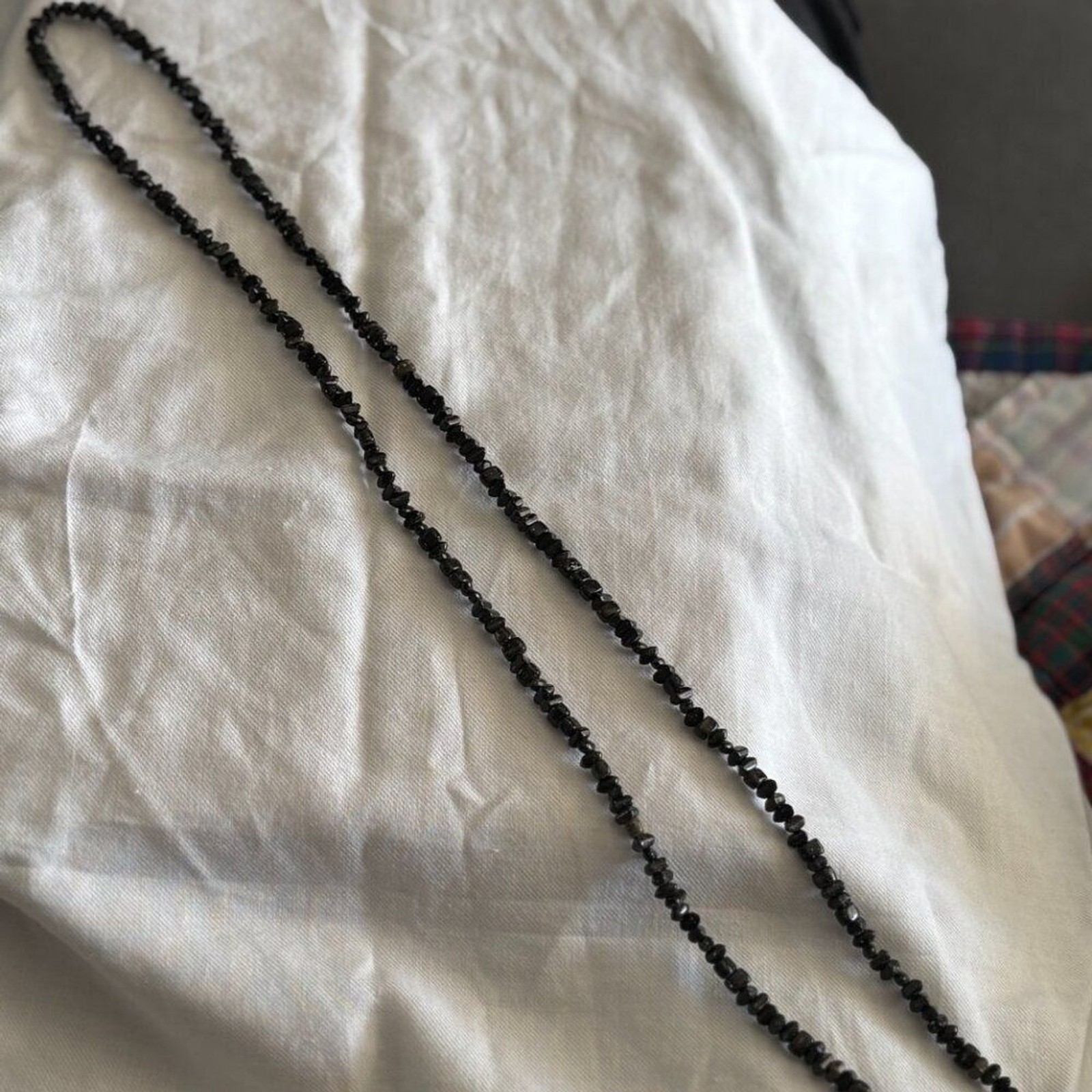 Black Stone Chip Necklace 60” Long Layering Strand Boho Natural Jewelry