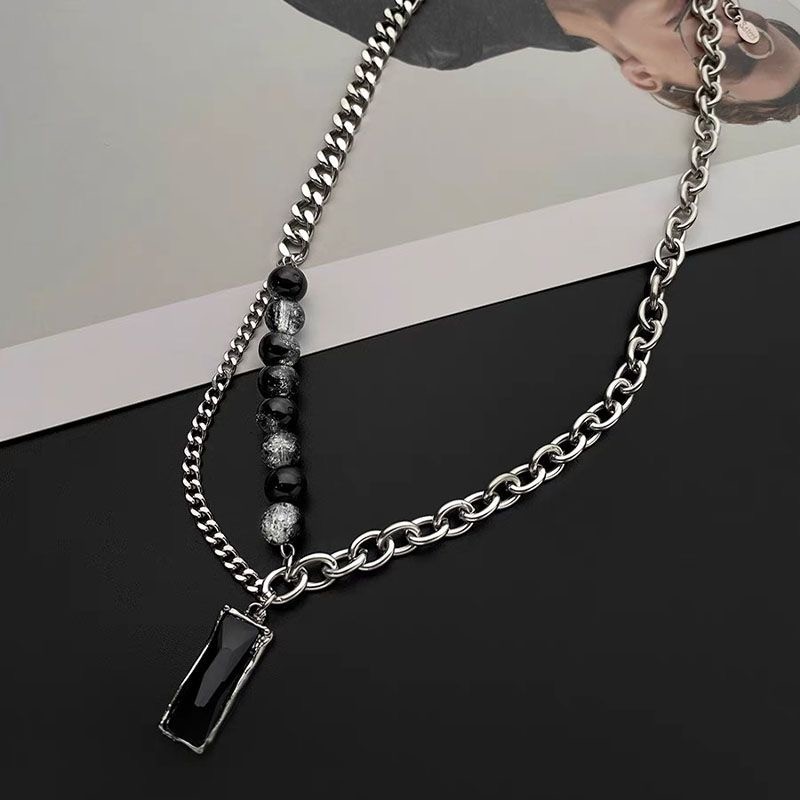 Mixed Cuban Chain Necklace Black Pendant Bead Inlay Stainless Unisex Jewelry