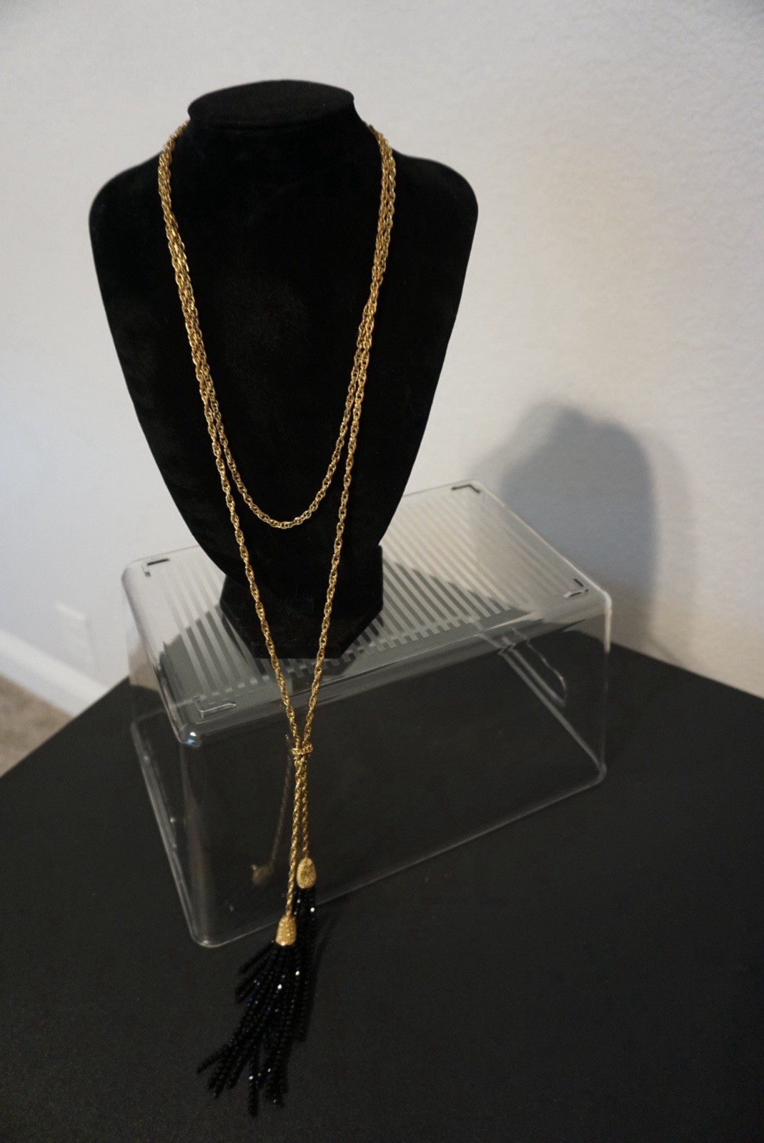Gold Tone Rope Chain Lariat Necklace with Black Beaded Tassels