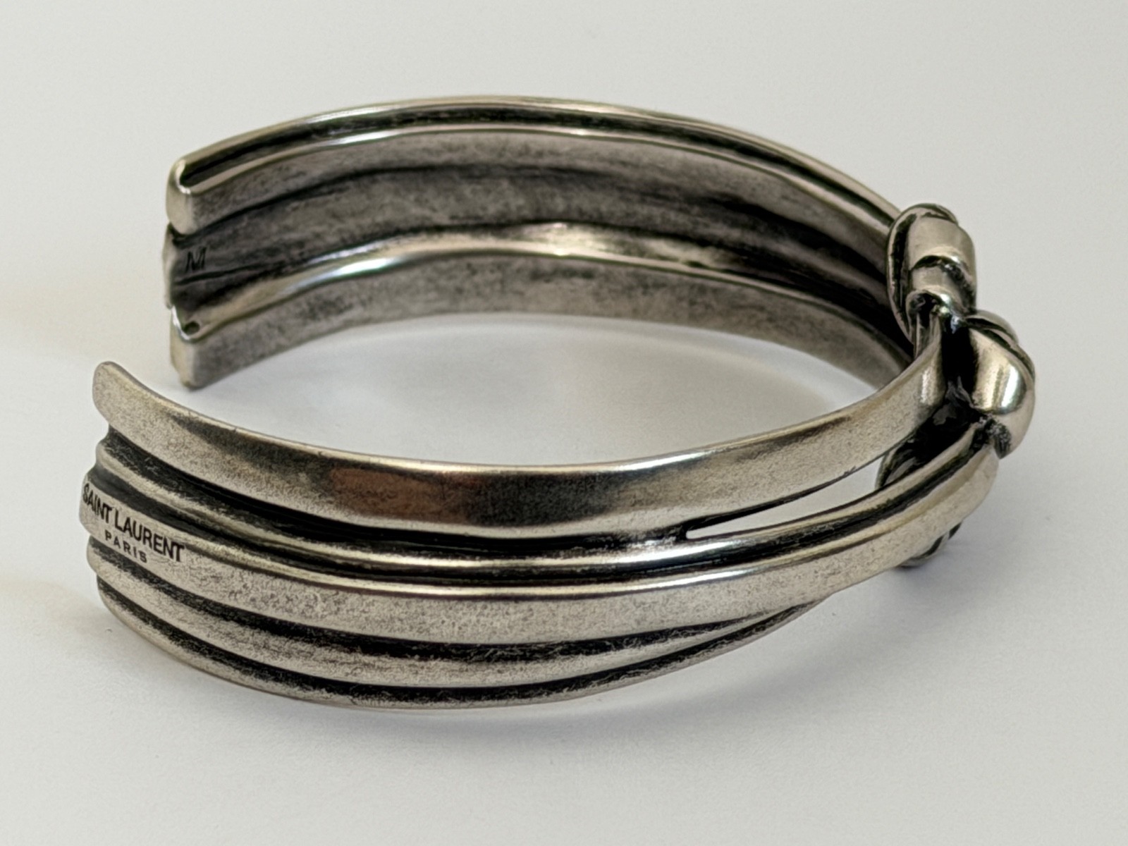 NWT Saint Laurent YSL Triple Knotted Antique Silver Brass Cuff Bracelet L $895