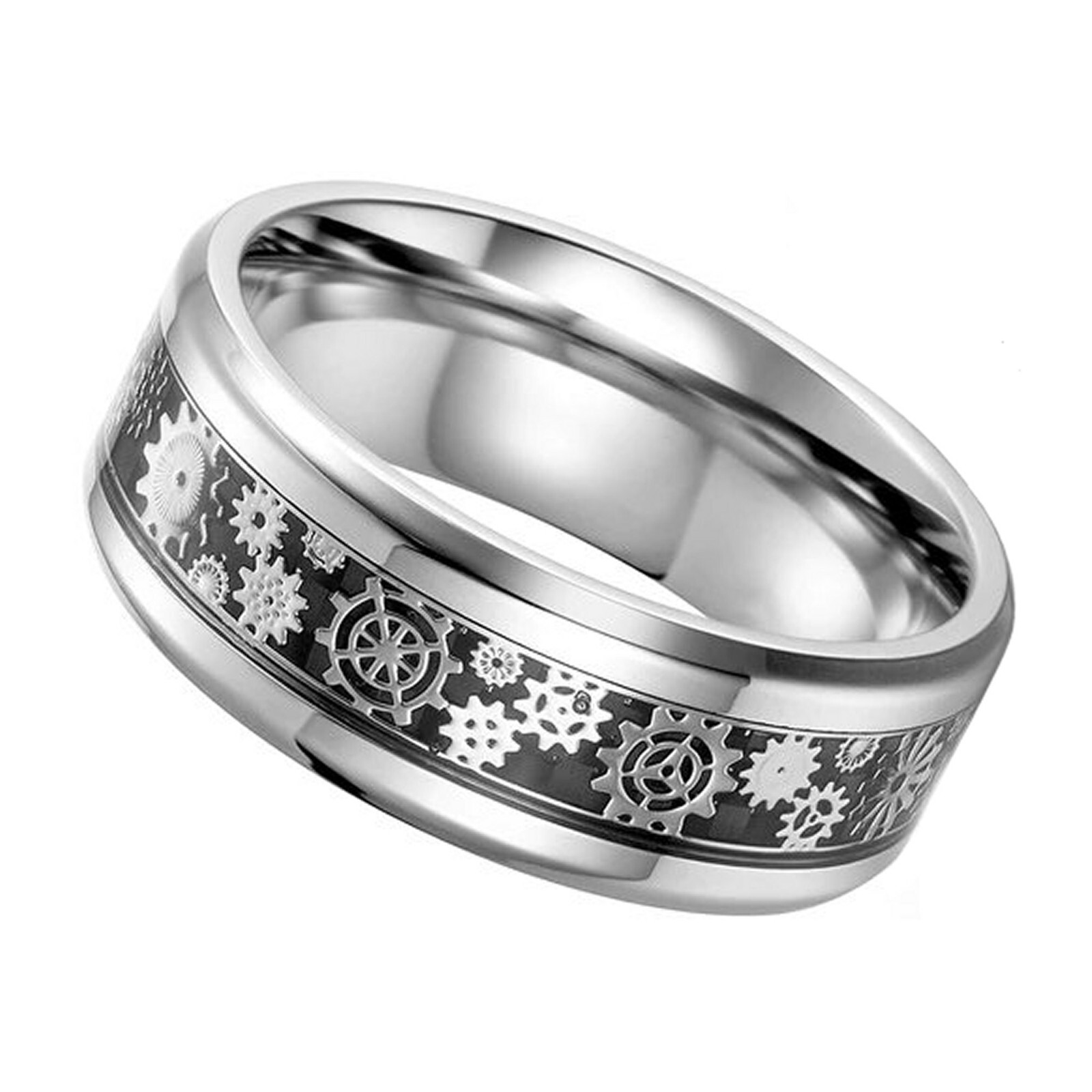 Mechanical Gear Ring Black Silver Stainless Steel Steampunk Wedding Band