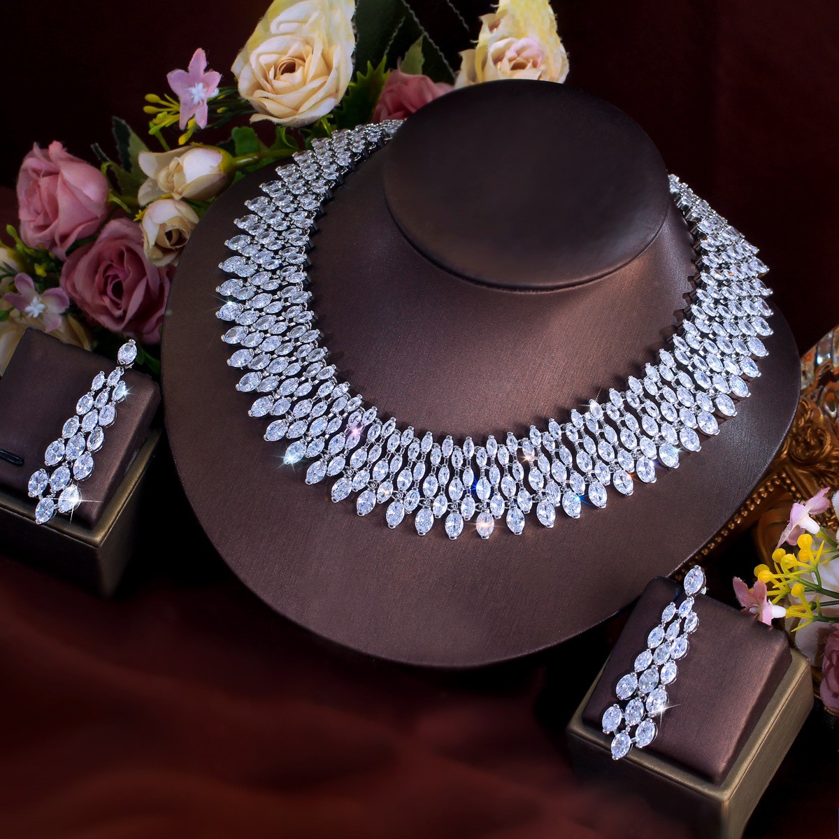 Dazzling Wedding Party Drop Necklace Earrings Silver Plated CZ White Jewelry Set
