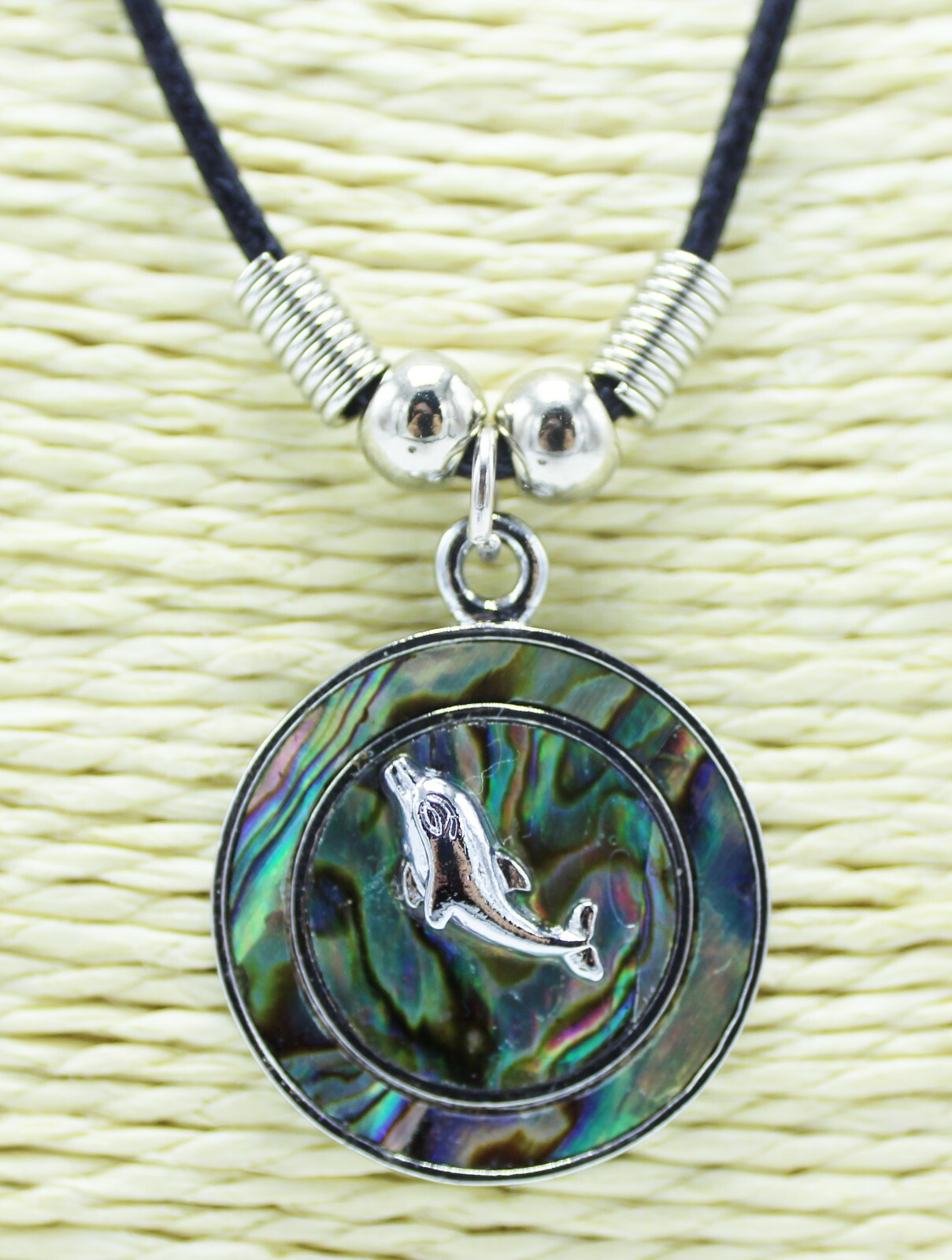 New Paua Abalone Shell & Silver Dolphin Disc Pendant Necklace #N2225