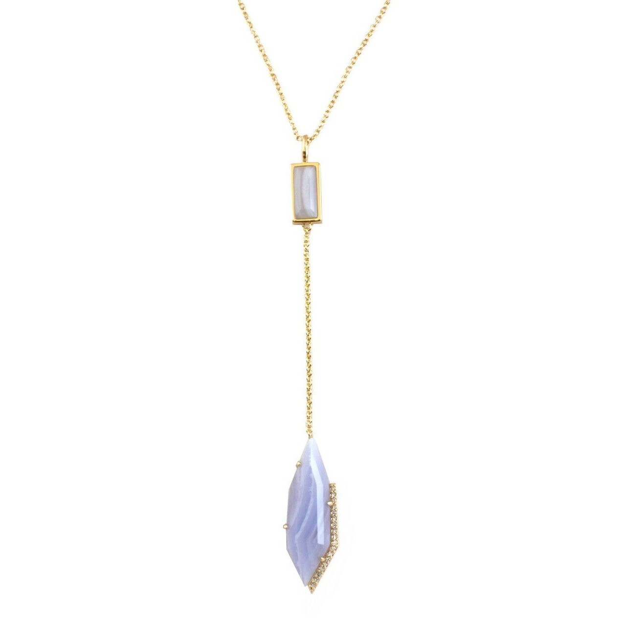 Marcia Moran Blue Lace Agate Pave CZ Zagora Lariat 18K Gold Plated Necklace 21″