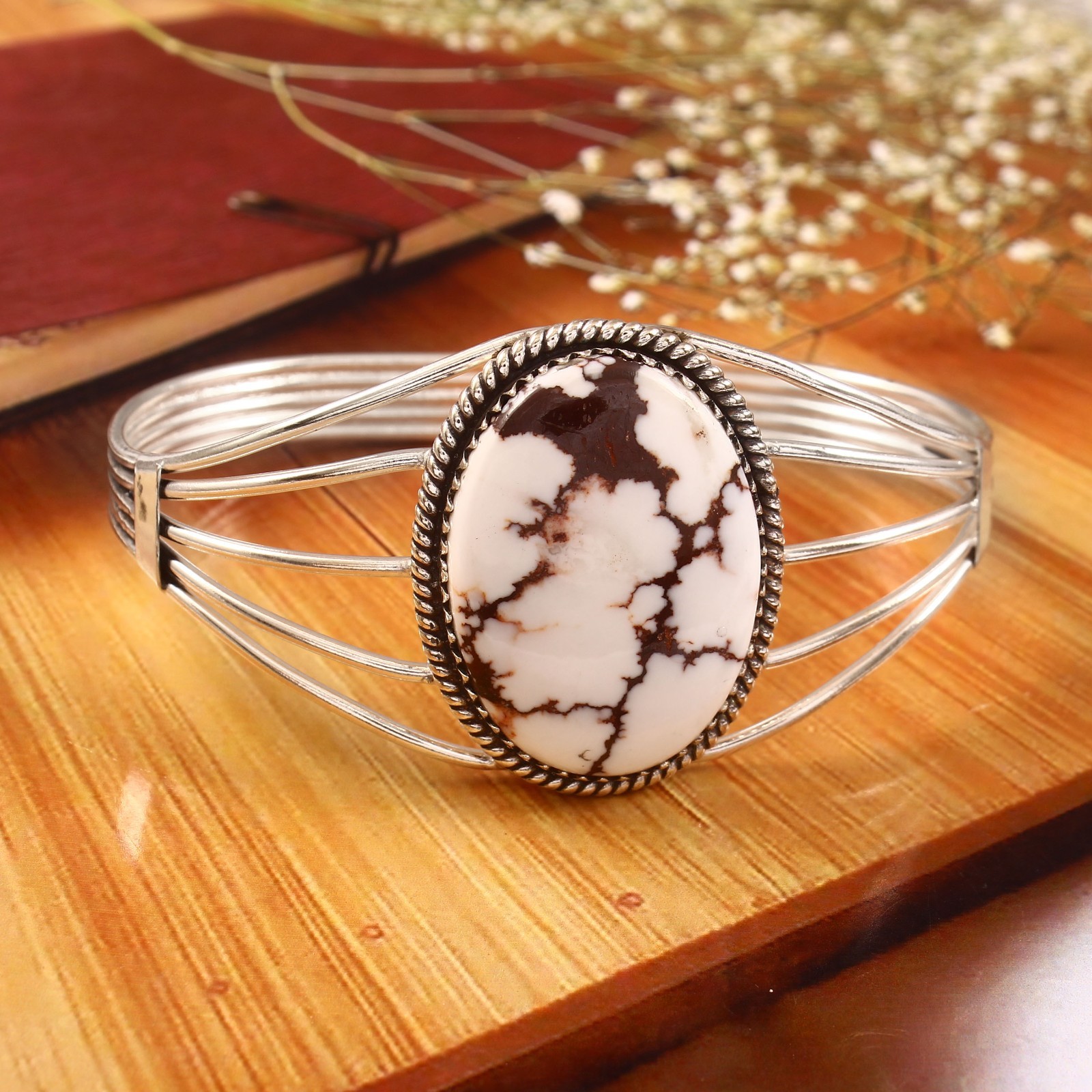 Wild Horse Turquoise Cabochon Bangle Handmade 925 Sterling Silver Jewelry