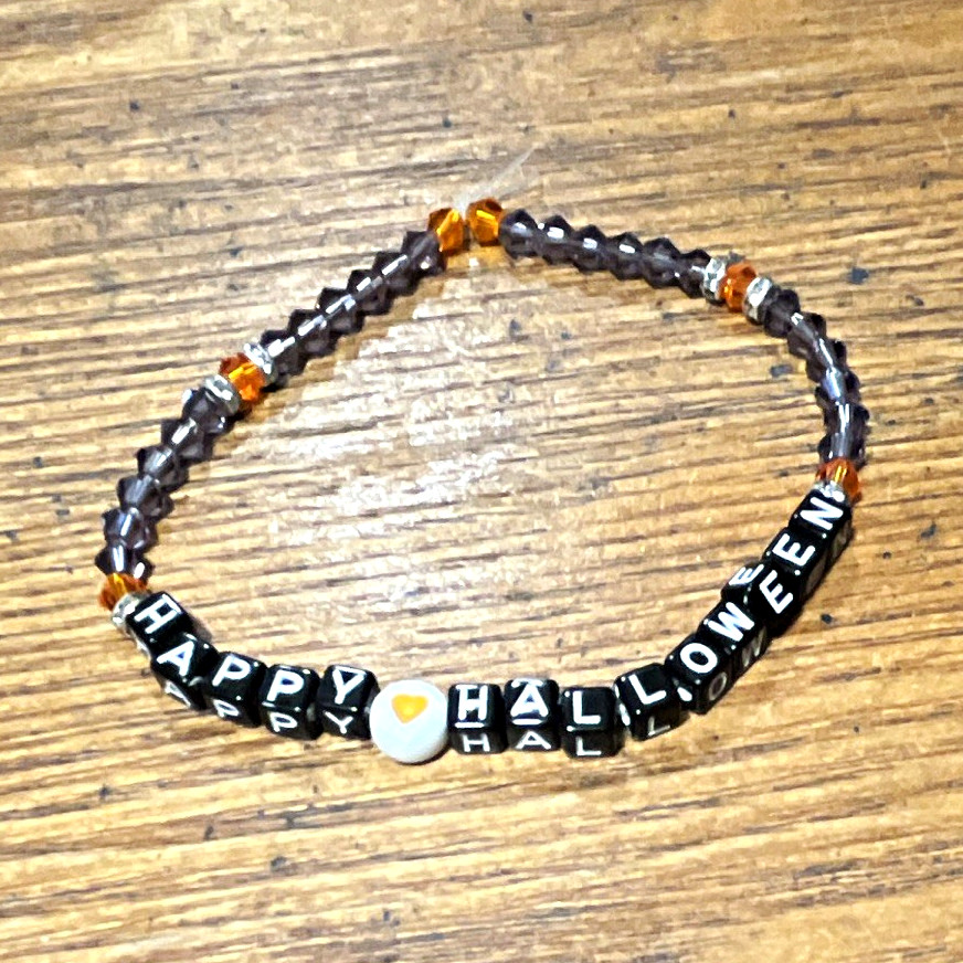 HAPPY HALLOWEEN Stretch Bracelet Black White Orange and purple Beads