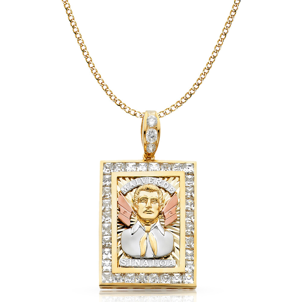 14K 3 Tone Gold CZ Malverde Sinaloa Pendant & 4.9mm Hollow Cuban Chain Necklace
