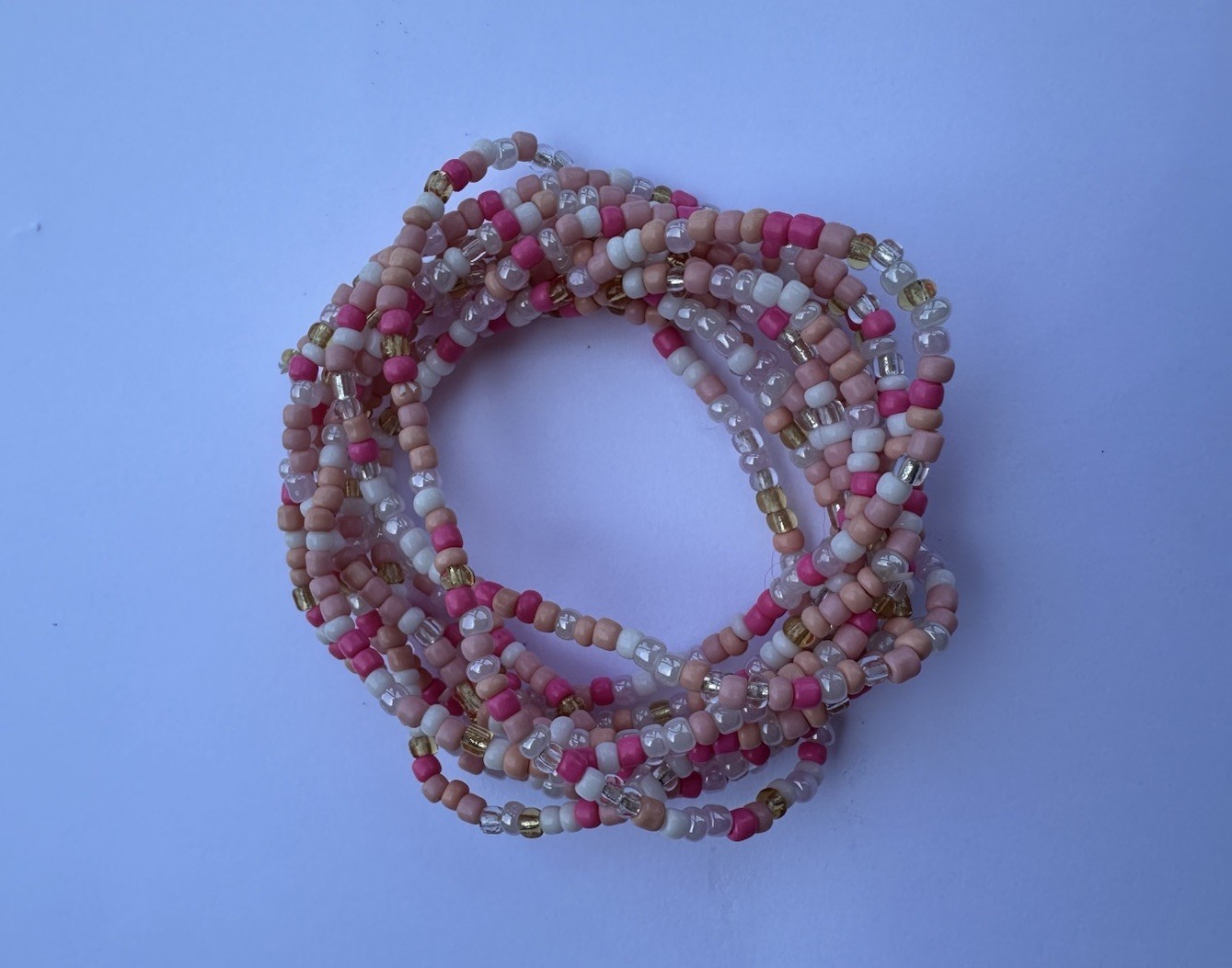 Pink White Gold Stretchy Seed Bead Bracelets. Set Of 10