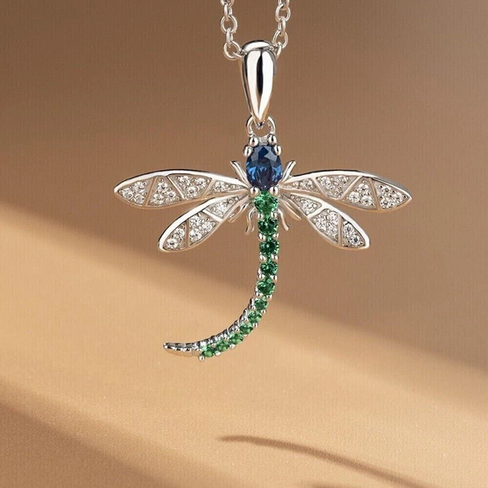 1.75Ct Simulated Sapphire & Emerald Dragonfly Pendant Chian14k White Gold Plated
