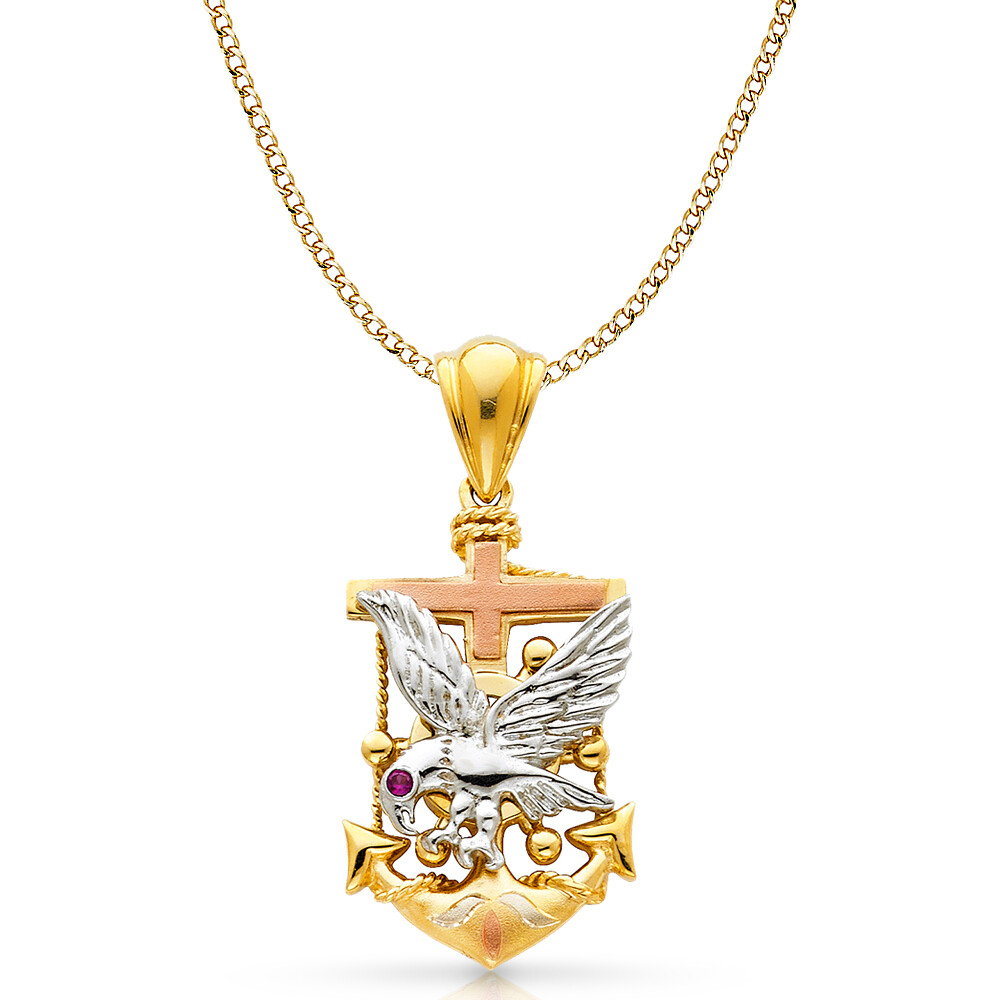 14K Tri Color Gold Eagle Anchor Charm Pendant &4.9mm Hollow Cuban Chain Necklace