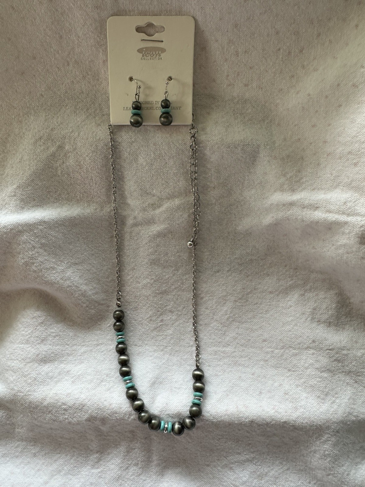 Icon Collection Silver-Tone Bead Necklace & matching earrings Turquoise accents