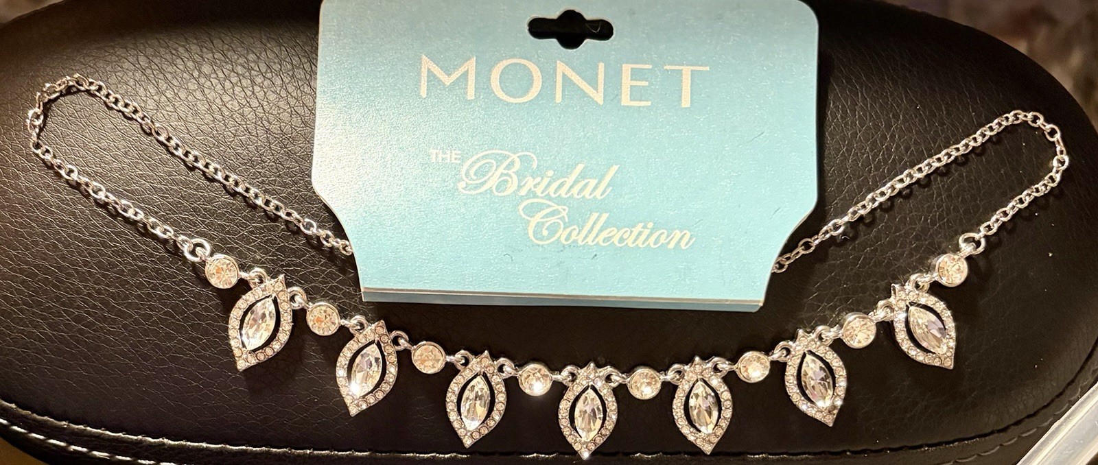 Vtg The Monet Bridal Collection ~ Marquis Rhinestone Necklace 16” w/ 2” ex NOS