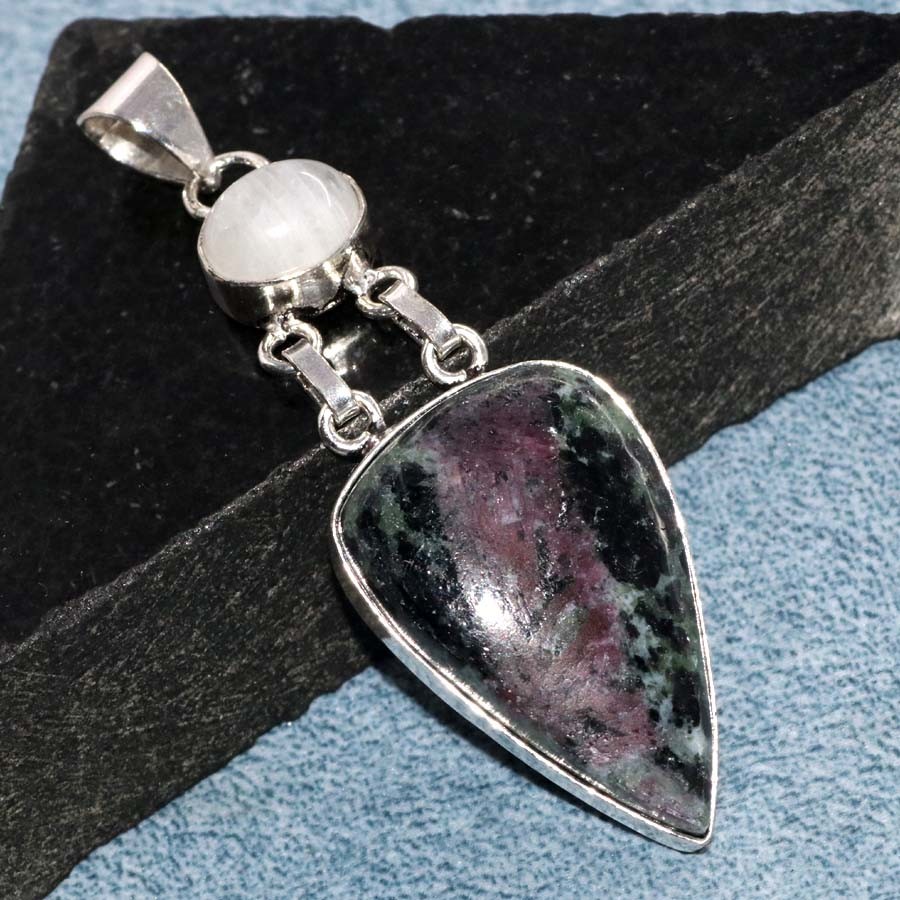 925 Silver Plated Long Ruby In Zoisite Rainbow Moonstone Pendant 2.4″ Trendy MJ