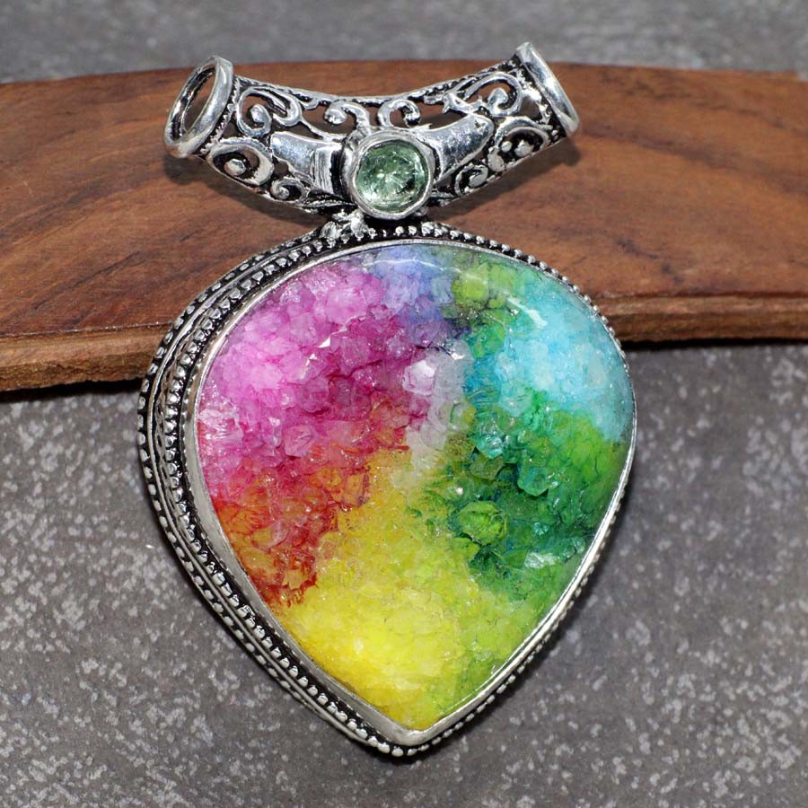 925 Silver Plated Rainbow Solar Druzy Tsavorite Jewellery Pendant Size 1.8″ MJ