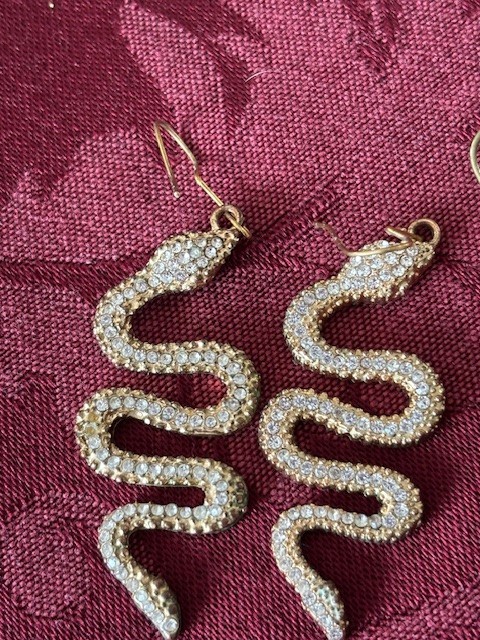 2 Pair Dangling Snake Earrings: Gold Color Metal Rhinestone & Mythology Tribal