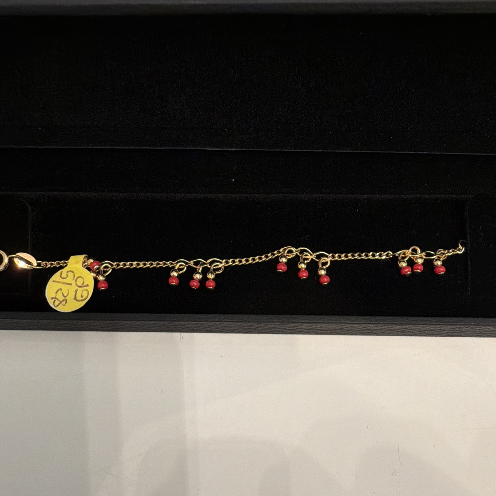 Gold filled Cable Chain BABY Bracelet, Red Dangle Charms, Spring Ring, 6 in
