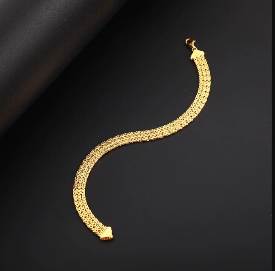 Solid 18K Yellow Gold AU750 Multiple Layer Wide Bracelet Bangle Chain 18cm/7in