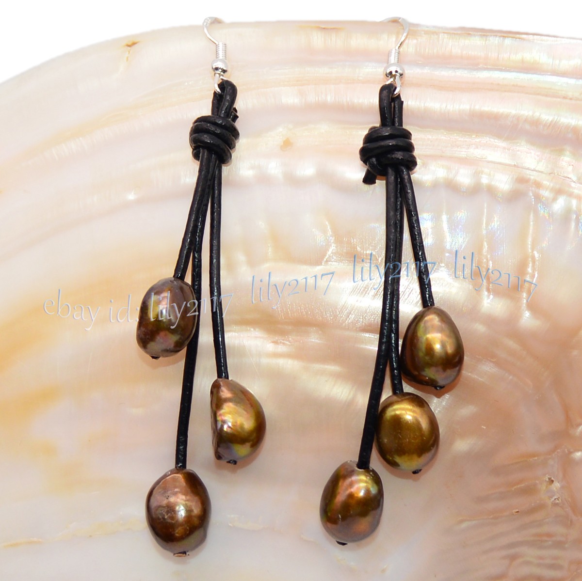 Natural Freshwater Baroque Pearl Black Leather Rope Dangle Hook Earrings 9-10mm
