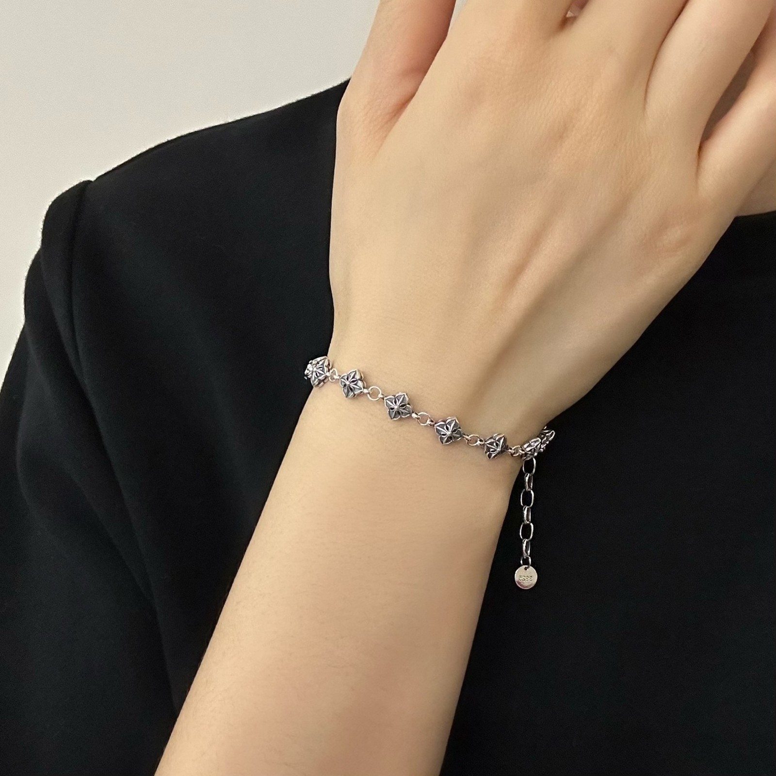 Gothic Floral De Lis Cross Bracelet Vintage Station Chain S925 Sterling Silver