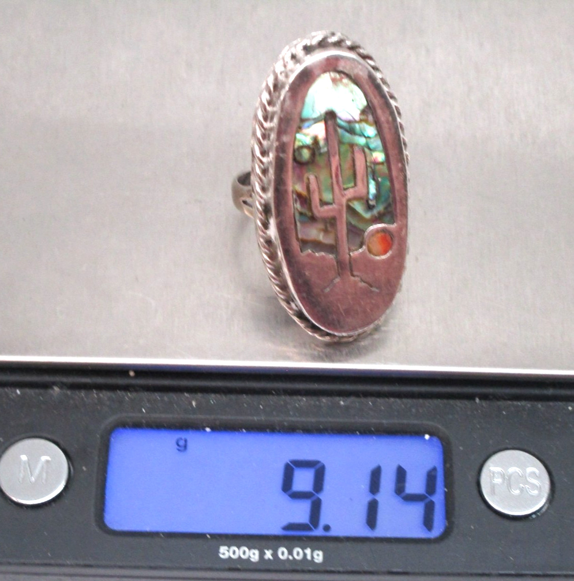 1970 Vintage Sterling Silver Hopi Zuni Inlaid Abalone Sunset Cactus Ring