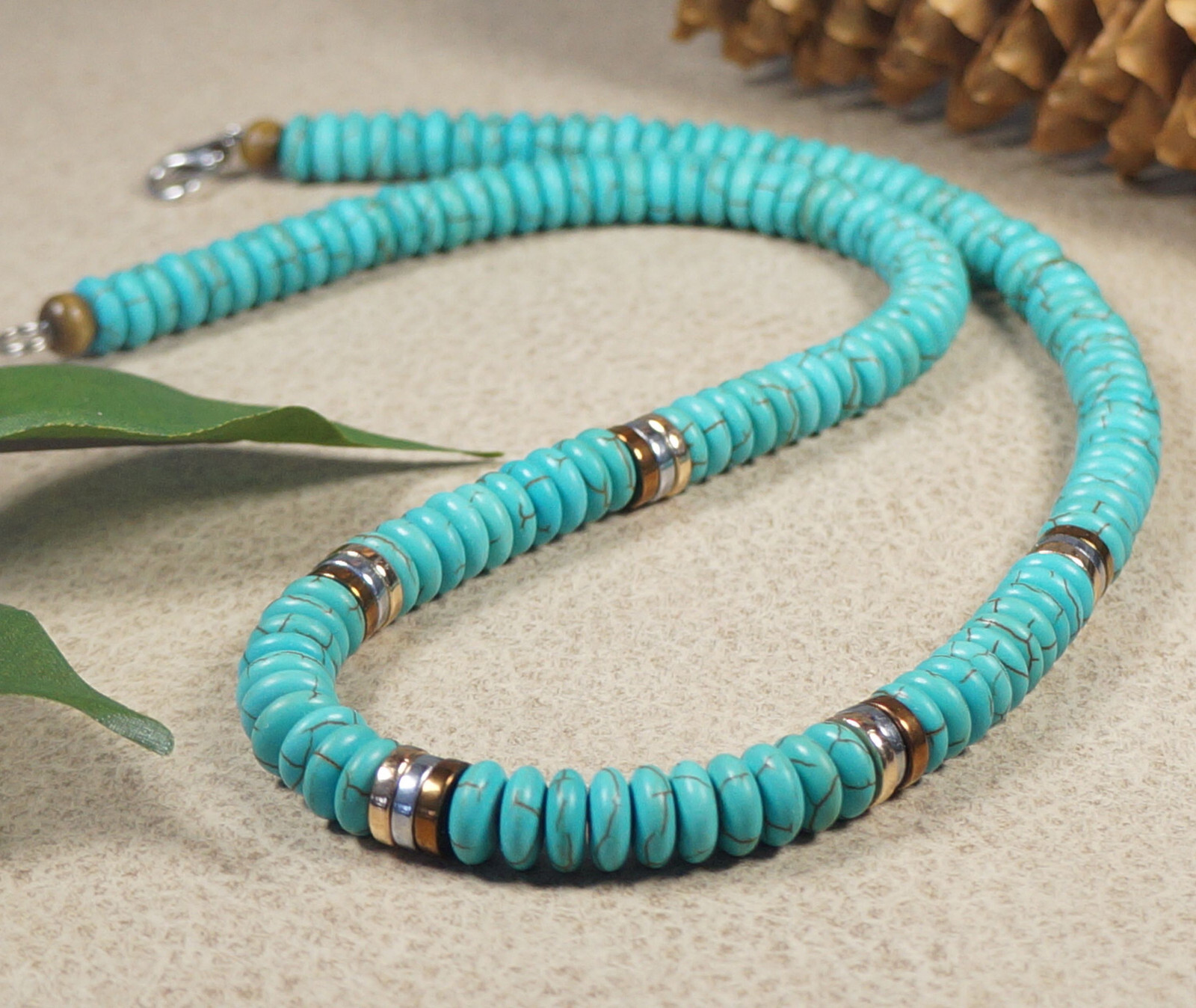 Unisex Turquoise Necklace, Tri Color Hematite Spacers