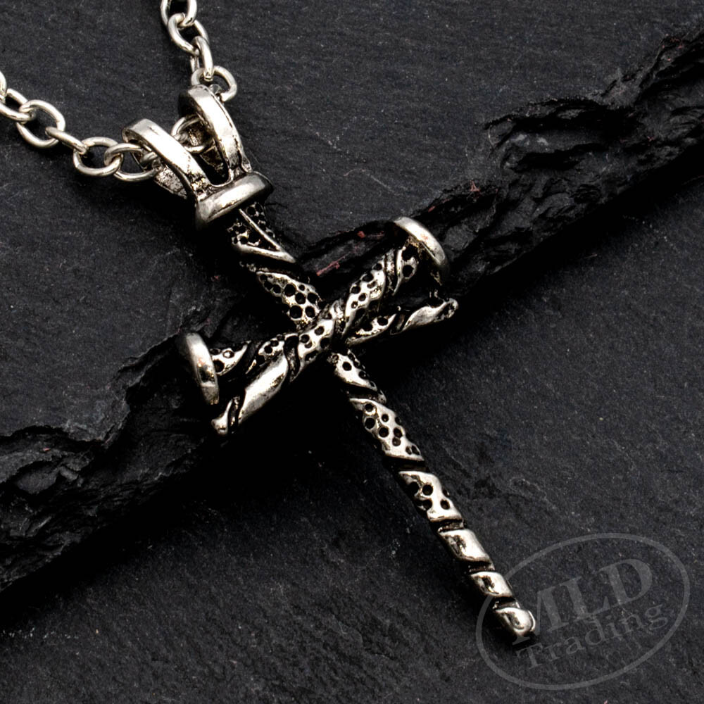 Classic Old-Style Nail Cross Necklace | Pitted Surface | 23″ Oval Link Chain